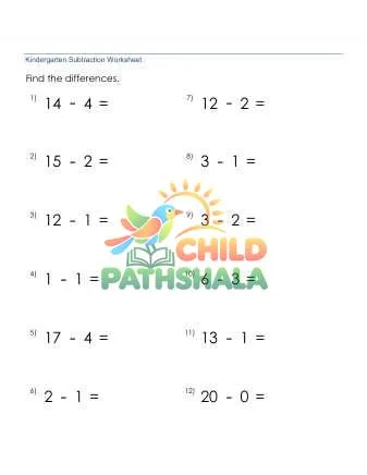 Preview of Subtraction 1 Digit From 20 No Borrow