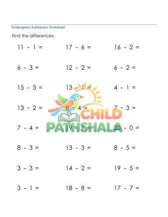 Preview of Subtraction 1 Digit From 20 No Borrow