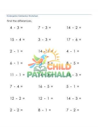 Subtraction 1 Digit From 20 No Borrow Worksheet for Kindergarten