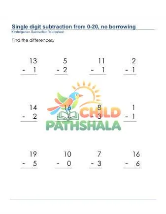 Preview of Subtraction 1 Digit From 20 No Borrow