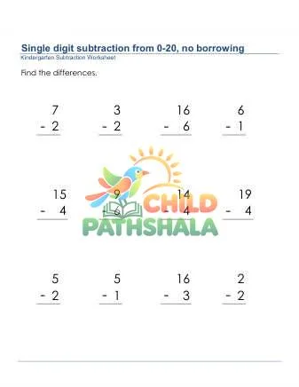 Preview of Subtraction 1 Digit From 20 No Borrow