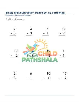 Preview of Subtraction 1 Digit From 20 No Borrow