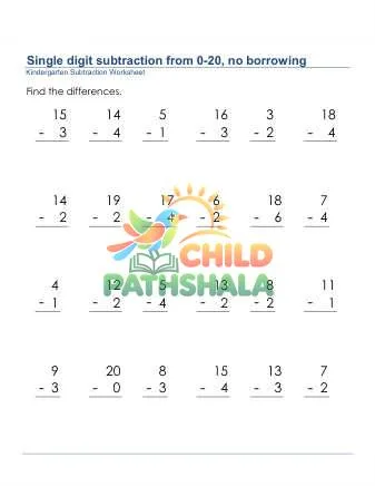 Preview of Subtraction 1 Digit From 20 No Borrow