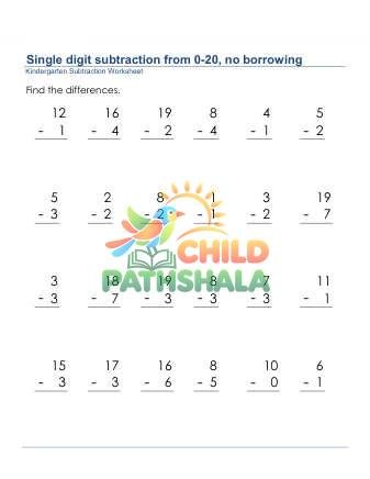 Preview of Subtraction 1 Digit From 20 No Borrow