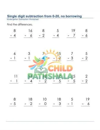 Preview of Subtraction 1 Digit From 20 No Borrow