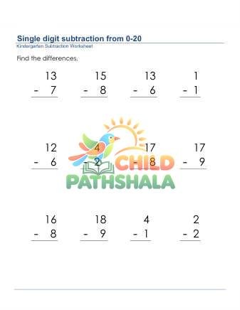 Subtraction 1 Digit From 20