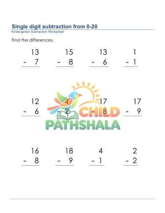 Preview of Subtraction 1 Digit From 20