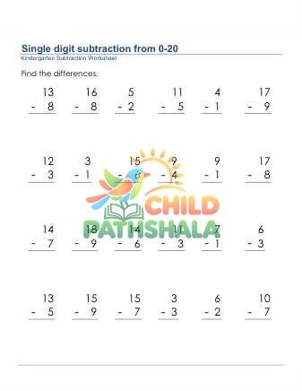 Subtraction 1 Digit From 20