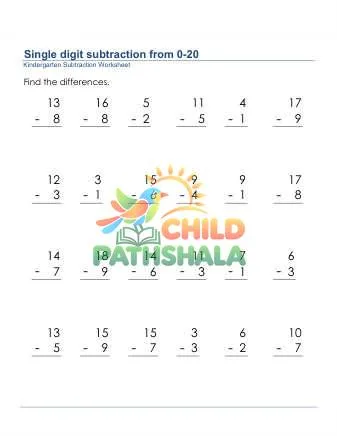 Preview of Subtraction 1 Digit From 20