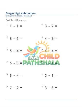 Subtraction Of Two 1 Digit Numbers Worksheet for Kindergarten