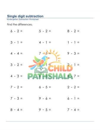 Subtraction Of Two 1 Digit Numbers Worksheet for Kindergarten