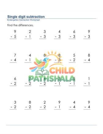 Subtraction Of Two 1 Digit Numbers Worksheet for Kindergarten