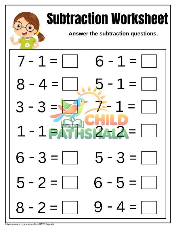 Subtraction Worksheet for Handwriting