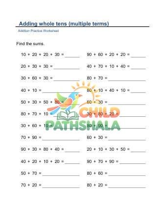 Adding Whole Tens Multiple Terms B Worksheet for Grade 1