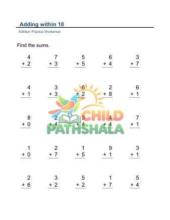 Adding Within 10 C Worksheet for Grade 1