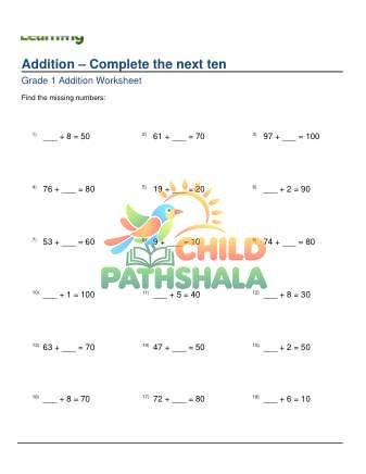 Addition Complete Next Ten C Worksheet for Grade 1