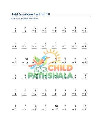 Addition Subtraction Facts Within 10 F Worksheet for Grade 1