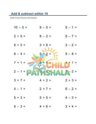 Preview of Addition Subtraction Facts Within 10 Horizontal A