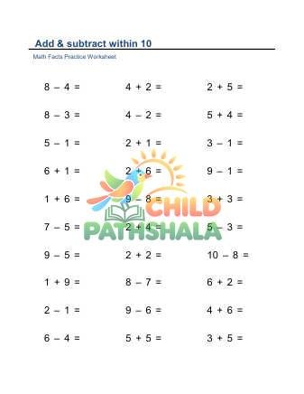 Preview of Addition Subtraction Facts Within 10 Horizontal C