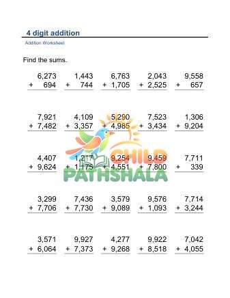 Addition Vertical 4digit C Worksheet for Grade 1