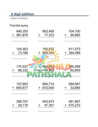 Addition Vertical 6digit B Worksheet for Grade 1