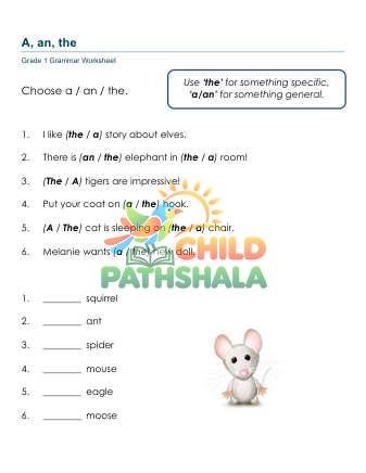 Articles A An The B Worksheet for Grade 1