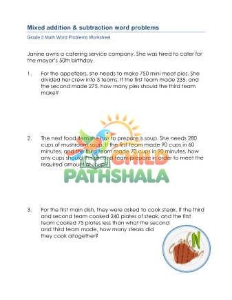 Grade 3 Mixed Addition Subtraction Word Problems Worksheet for Grade 1