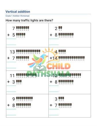 Vertical Addition Objects D Worksheet for Grade 1