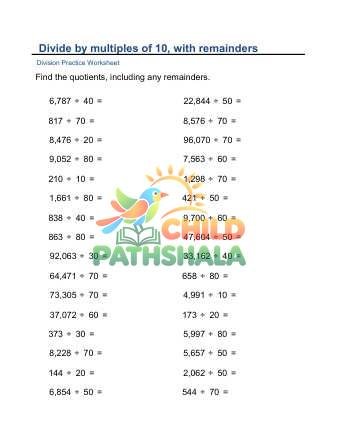 Divide By Mulitplies 10 Remainder B Worksheet for Grade 1