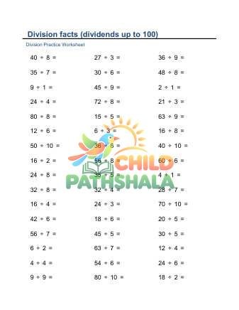 Division Facts To 100 C