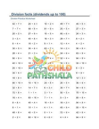 Division Facts To 100 F Worksheet for Grade 1