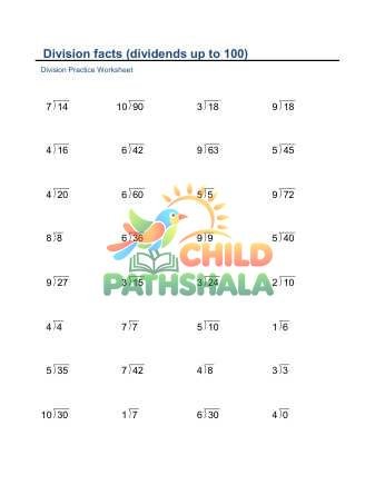 Division Facts Vertical To 100 B Worksheet for Grade 1