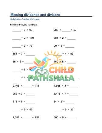 Missing Dividends Divisors C Worksheet for Grade 1