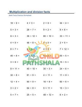 Multiplication Division Facts Horizontal B Worksheet for Grade 1