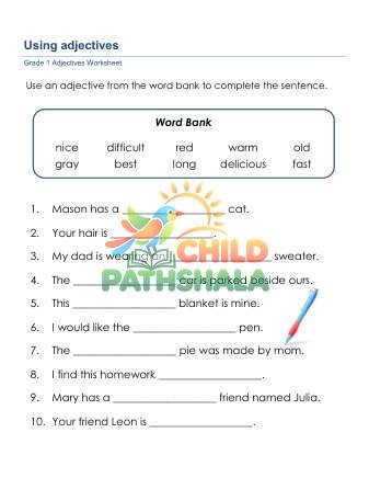 Preview of Grammar Worksheet Grade 1 Adjectives Sentences 3