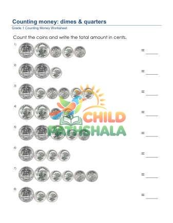 Counting Money Dimes Quarters A Worksheet for Grade 1