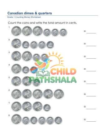 Counting Money Dimes Quarters Cdn A Worksheet for Grade 1