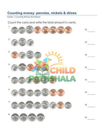 Counting Money Pennies Nickels Dimes E Worksheet for Grade 1