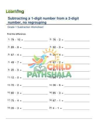 Subtracting 1 Digit From 2 Digit No Regrouping D