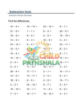 Subtraction Facts Horizontal F Worksheet for Grade 1