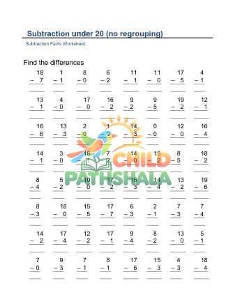 Preview of Subtraction Under 20 No Regrouping D