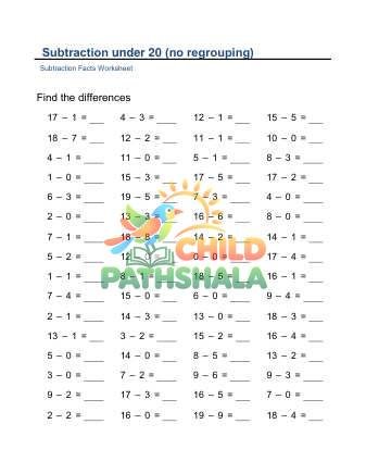 Subtraction Under 20 No Regrouping Horizontal D