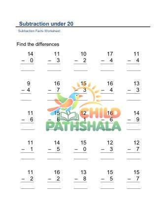 Subtraction Under 20 With Regrouping A Worksheet for Grade 1