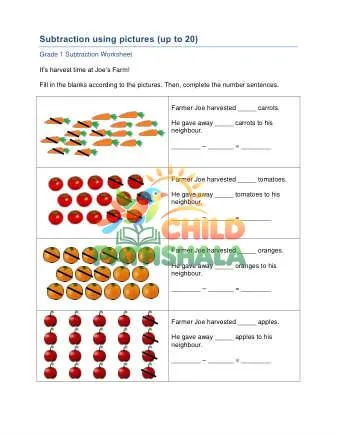 Preview of Subtraction Using Pictures Upto 20