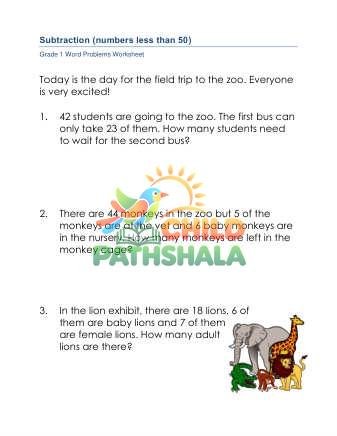 Subtraction Word Problems 50 B Worksheet for Grade 1