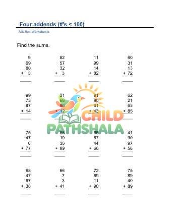 Four Addends 2digit E Worksheet for Grade 1