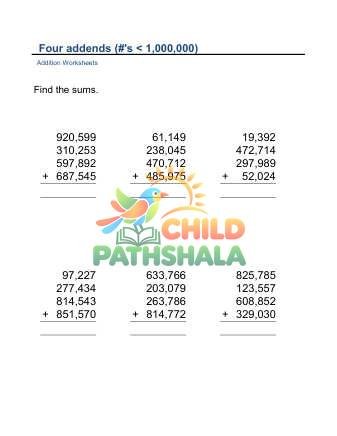 Four Addends 6digit B Worksheet for Grade 1
