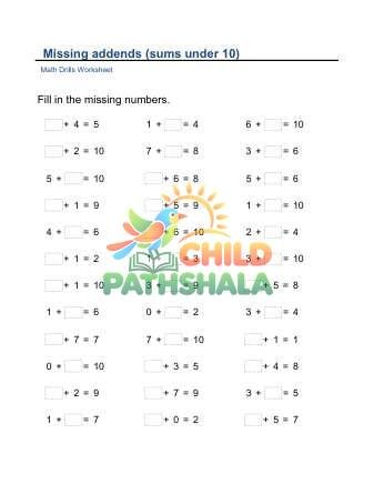 Missing Addends Sums To 10 D Worksheet for Grade 1