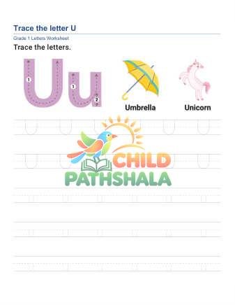 Trace Letter U Worksheet for Grade 1