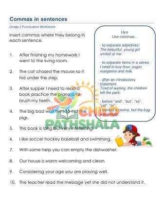 Commas In Sentences A Worksheet for Grade 2